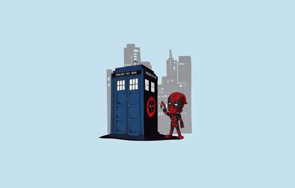 Картинка граффити, небоскребы, арт, будка, Doctor Who, Deadpool, Дэдпул, спрей