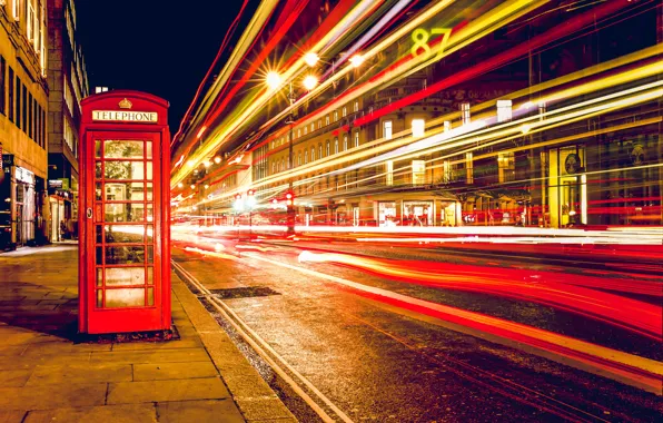 Картинка ночь, огни, улица, Англия, Лондон, выдержка, телефон, телефонная будка