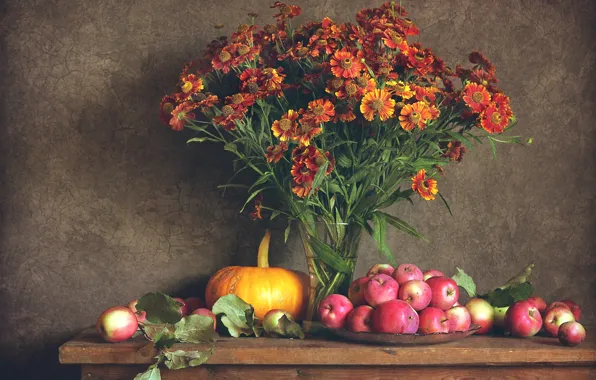 Осень, цветы, яблоки, тыква, натюрморт