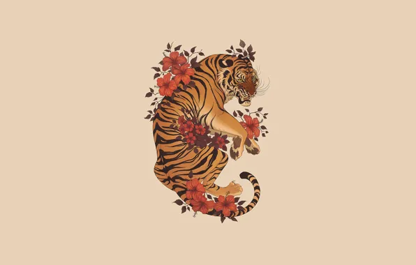 Цветы, Минимализм, Тигр, Стиль, Fantasy, Арт, Art, Tiger