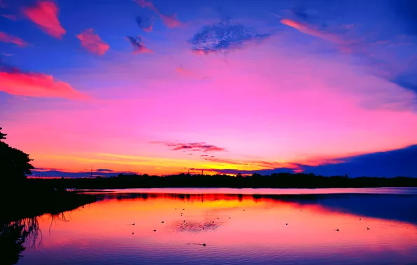 Sky, Sun, Water, Sunrise, Dawn, Morning, Lake, Trees