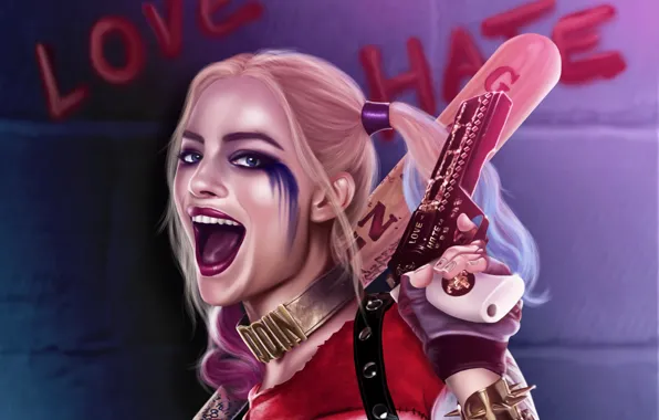 Картинка девушка, пистолет, злодей, art, Harley Quinn, Margot Robbie, Suicide Squad