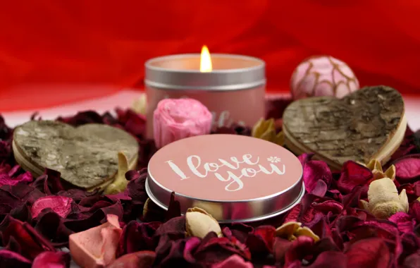Картинка любовь, надпись, романтика, свеча, лепестки, сердечки, День святого Валентина