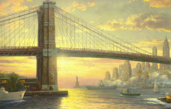 Картинка мост, city, океан, здания, Нью-Йорк, флаг, катер, парус