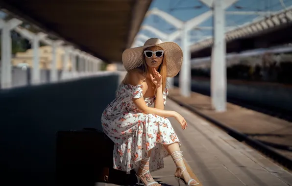 Dress, hat, model, tattoo, women, blonde, sitting, train station