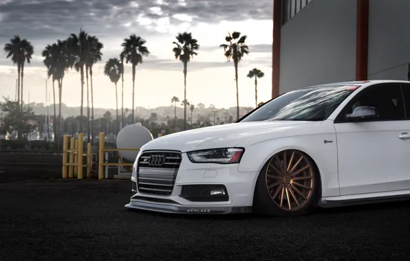 Audi, Car, Front, White, Stance, Vossen, Wheels, Tuned