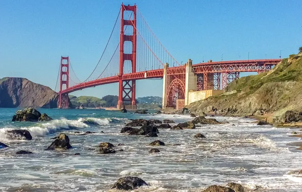 Картинка волны, пролив, камни, скалы, Сан-Франциско, США, мост Золотые Ворота
