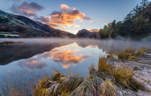 Картинка горы, туман, озеро, отражение, утро, заморозки