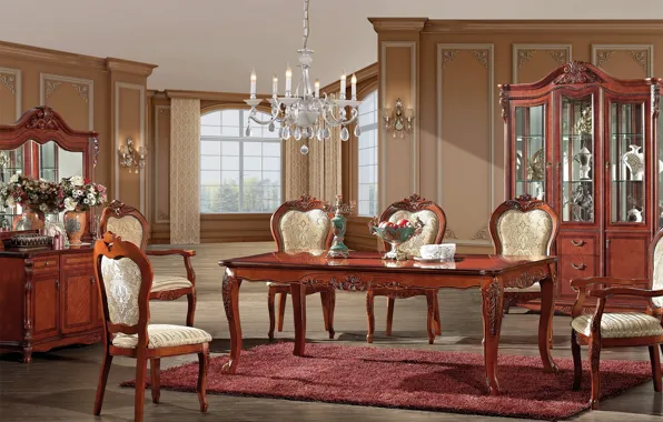 Стол, мебель, стулья, интерьер, зеркало, люстра, вазы, interior