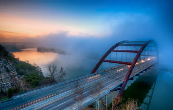 Картинка пейзаж, мост, туман, река