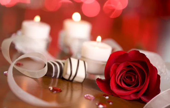 Блики, огонь, роза, свечи, конфеты, красная, ленточки, боке