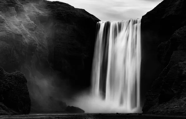 Скала, водопад, черно-белое, Iceland, Skogafoss, George Eleftheriadis