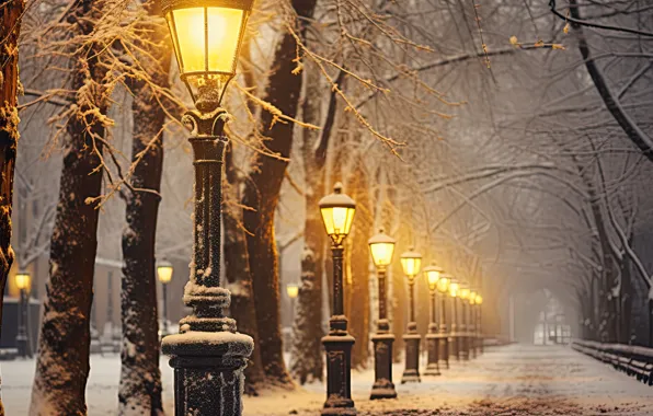 Картинка зима, снег, деревья, ночь, lights, парк, улица, фонари