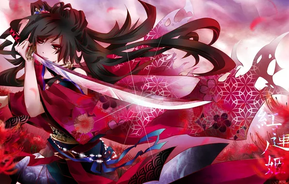 Картинка девушка, цветы, меч, катана, арт, иероглифы, красные, кимоно
