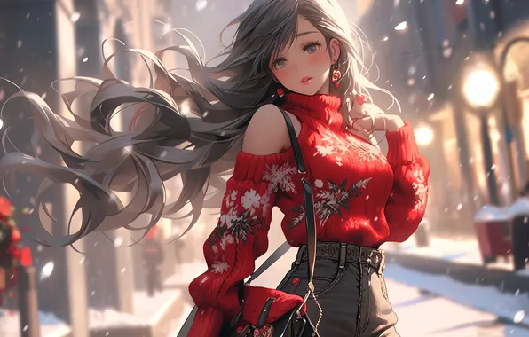 Картинка девушка, long hair, snow, street, jeans, brunette, anime girls, red lipstick