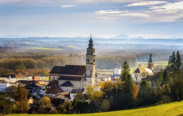 Картинка пейзаж, природа, дома, Германия, Бавария, церковь, городок, леса