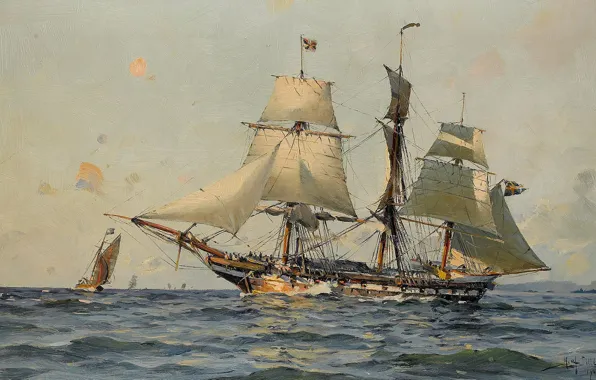 Морской пейзаж, Herman Gustav Sillen, Шведский военный корабль, Море и корабли