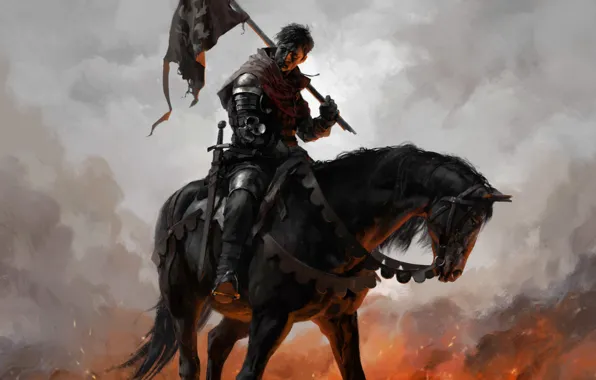 Картинка sword, armor, weapon, man, ken, blade, flag, horse