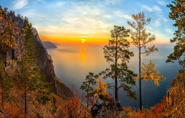 Картинка осень, деревья, закат, скала, озеро, вид, Россия, Озеро Байкал