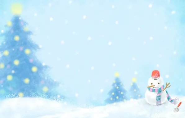 Картинка зима, снег, огни, новый год, шарф, ведро, снеговик, ёлки