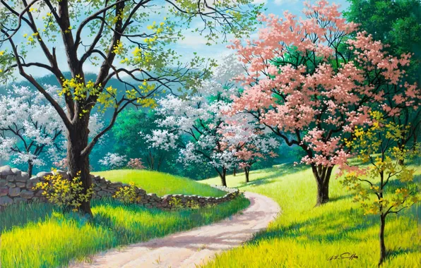 Дорога, зеленая трава, весна, живопись, Arthur Saron Sarnoff, каменный забор, Spring Blossoms, деревья в цвету