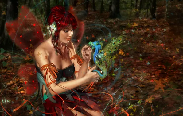 Картинка лес, девушка, дракон, крылья, фея, рыжая, 3d art