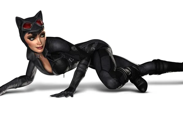 Девушка, поза, улыбка, костюм, белый фон, art, Catwoman, Batman: Arkham City Armored Edition