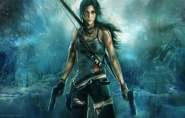 Картинка взгляд, девушка, кровь, лук, арт, Tomb Raider, Lara Croft, оружие. пистолеты