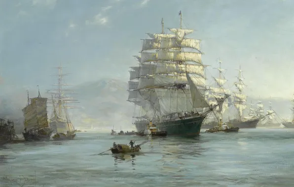 Лодка, бухта, парусники, Montague Dawson