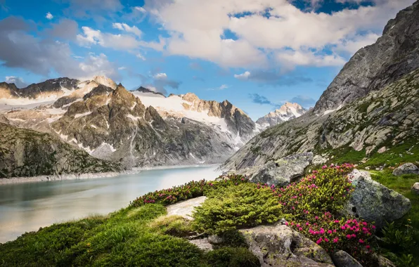 Облака, пейзаж, горы, природа, озеро, камни, растительность, Швейцария
