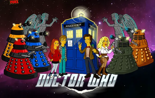 Картинка космос, звезды, Симпсоны, пародия, Doctor Who, Доктор Кто, ТАРДИС, The Simpsons