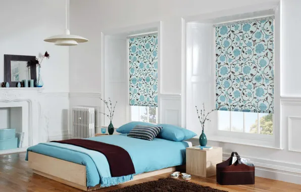 Картинка дизайн, комната, голубое, белье, интерьер, люстра, спальня, вазы