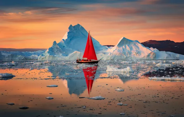 Картинка пейзаж, природа, отражение, океан, рассвет, лодка, парусник, льды