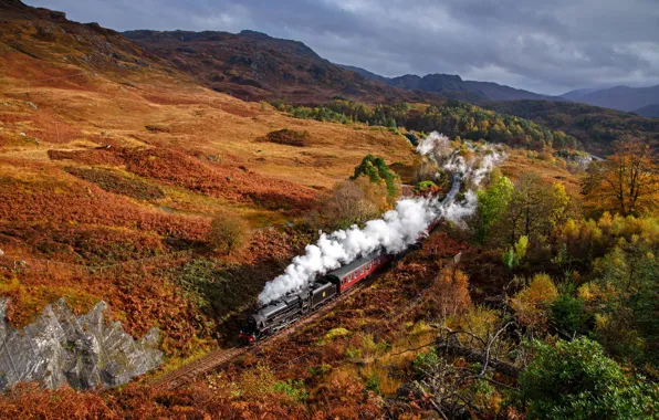 Картинка осень, холмы, дым, поезд, Шотландия