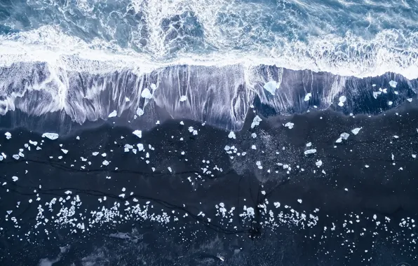 Картинка море, пляж, лёд, Исландия, вид сверху