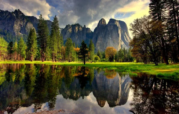 Картинка вода, деревья, горы, природа, озеро, отражение, Калифорния, USA