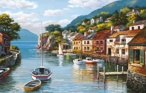 Море, город, картина, лодки, живопись, painting, Sung Kim