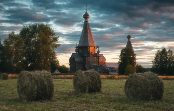 Картинка лето, пейзаж, природа, вечер, луг, сено, церковь, сенокос