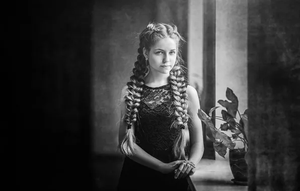 Девочка, подоконник, косы, чб фотография, цветок на окне