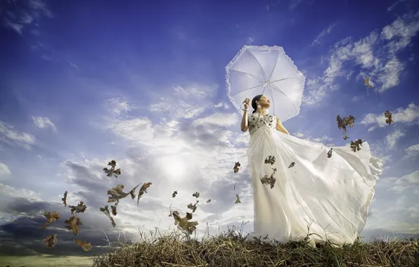 Картинка листья, девушка, зонтик, настроение, ветер, платье