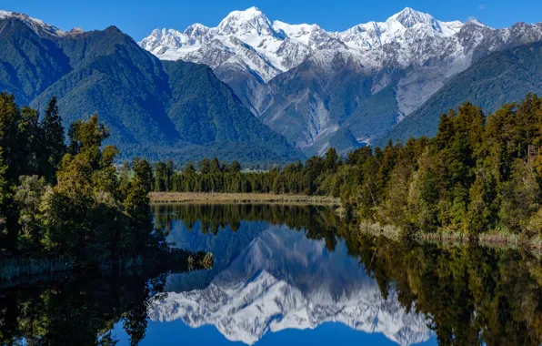 Лес, горы, озеро, отражение, Новая Зеландия, New Zealand, Lake Matheson, Южные Альпы