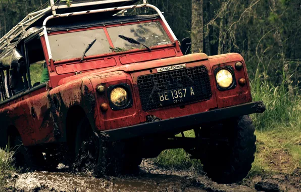 Red, Land Rover, 4x4, Defender, Offroad, Mud