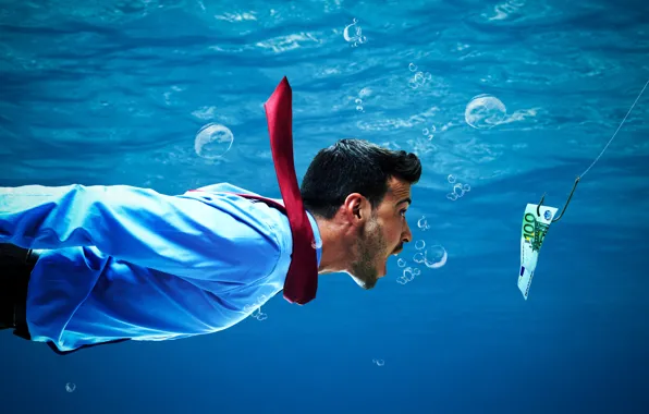 Пузыри, ситуация, юмор, галстук, мужчина, под водой, купюра, плавает