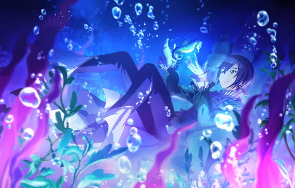 Морской конек, парень, Vocaloid, под водой, Shion Kaito, Project Sekai Colorful Stage! feat. Hatsune Miku