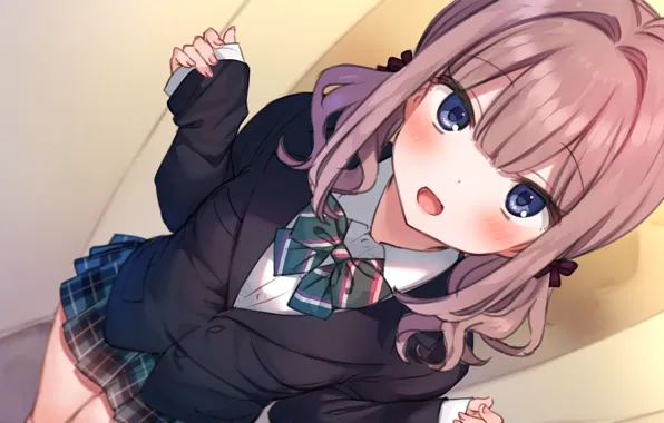 Girl, sexy, school uniform, pink hair, long hair, anime, beautiful, purple eyes