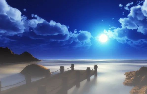 Картинка море, небо, солнце, облака, пейзаж, мост, арт