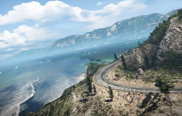 Картинка небо, деревья, океан, трасса, кусты, Need for Speed Hot Pursuit