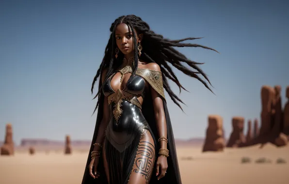 Girl, fantasy, black, desert, nature, art, sands, digital art