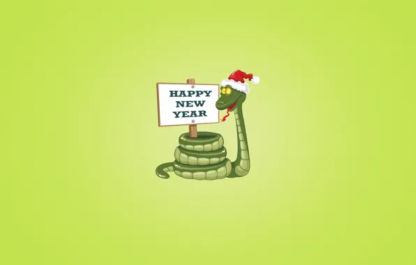 Надпись, табличка, новый год, змея, красная, зеленый фон, happy new year, новогодняя шапка
