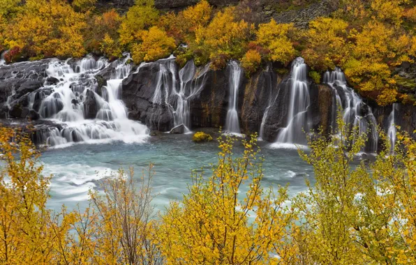 Осень, лес, деревья, ветки, скалы, берег, водопад, водопады